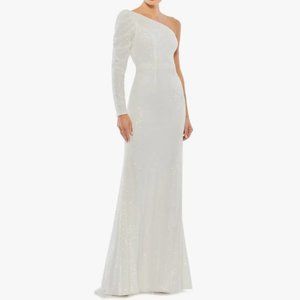 MAC DUGGAL Ieena One-Shoulder Sequin Trumpet Gown White 4